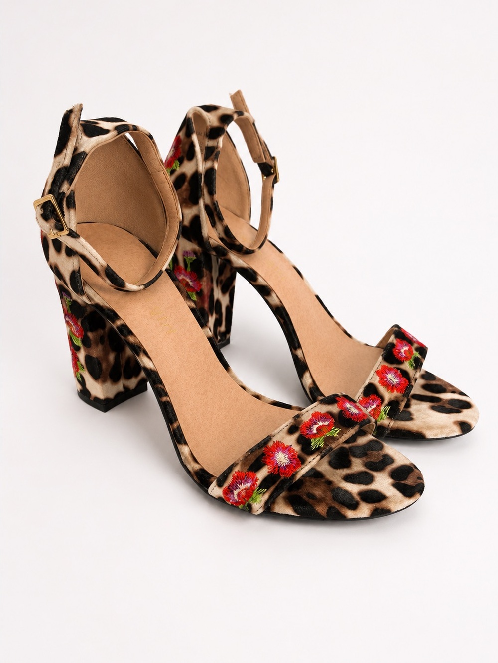 Madden Girl Bellaa Leopard Floral Embroidered Block Heel Sandals Size 7.5